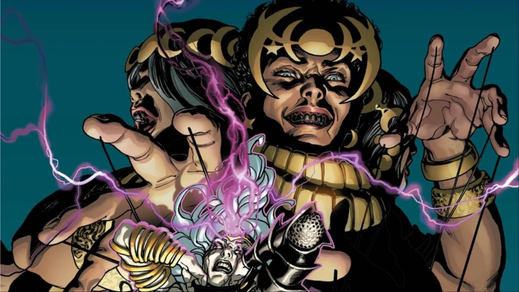 Hecate about to grab Wonder Woman, who she is possessing