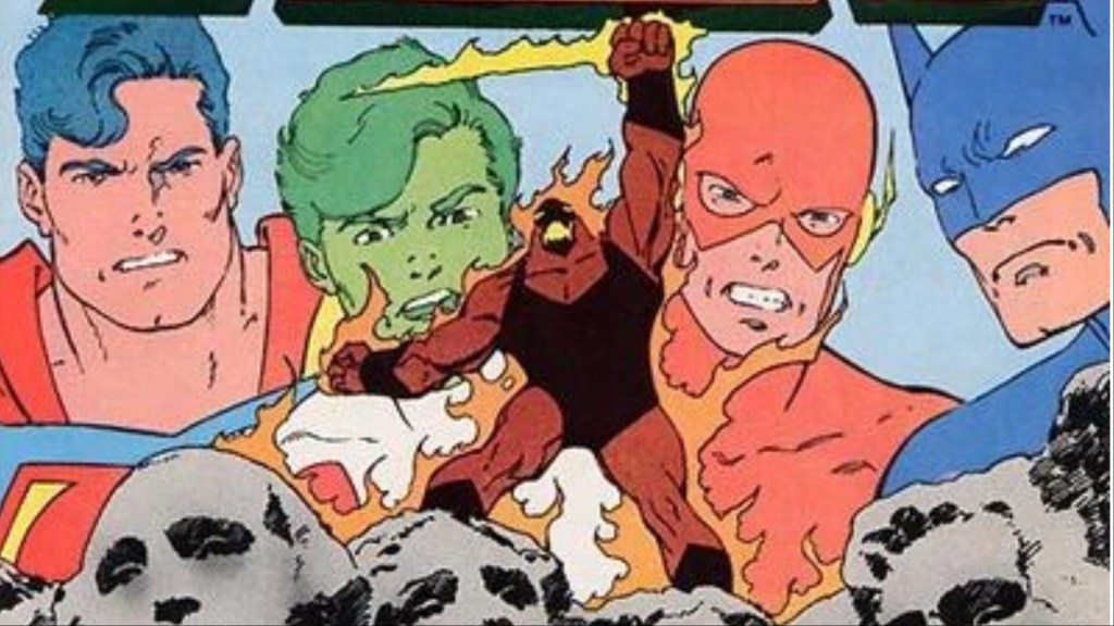 Superman, Beast Boy, WallY West, and Batman overlooking Brimstone on Mount Rushmore