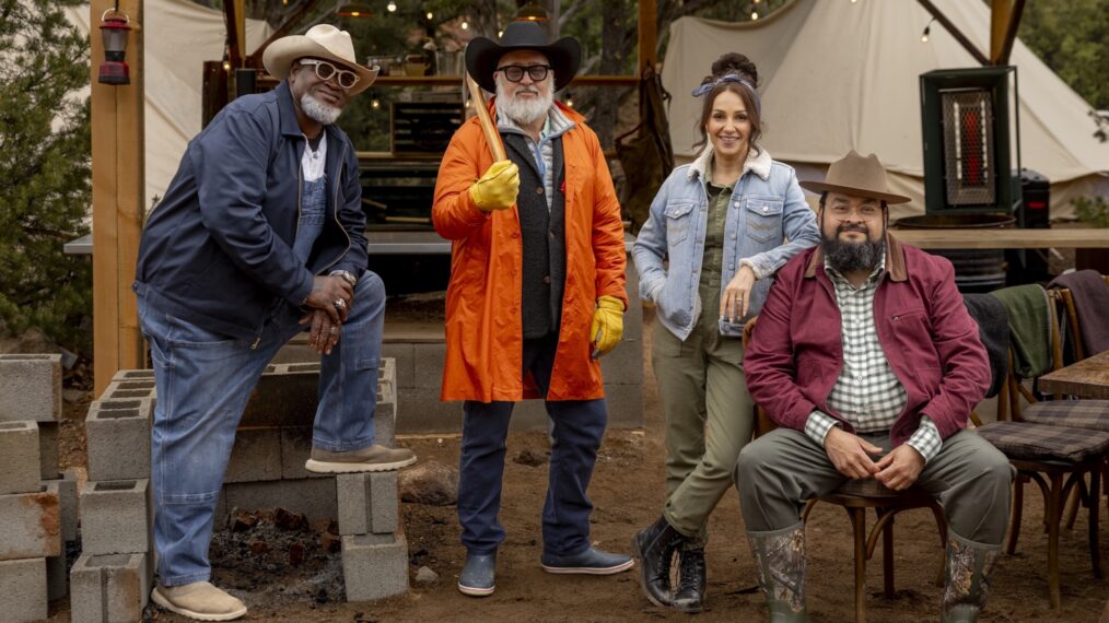 Andrew Zimmern with Judges Moe Casen, Ernest Servantes and Jess Pryles, 'Pitmasters' Season 1, Food Network, premieres July 13, 2026.