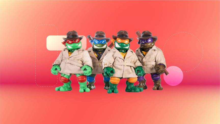 All four Ninja Turtle figures against a red gradient CNET background.