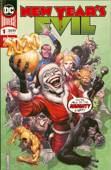 The Joker, dressed as Santa, stands with Harley Quinn and other comic book villains.