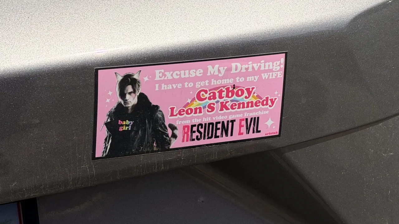 A bumper sticker of Leon Kennedy with cat ears