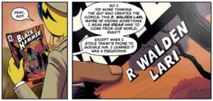 Excerpt from Black Hammer: The End #2. Inspector Insector holds an issue of Black Hammer written by R. Walden Lari.