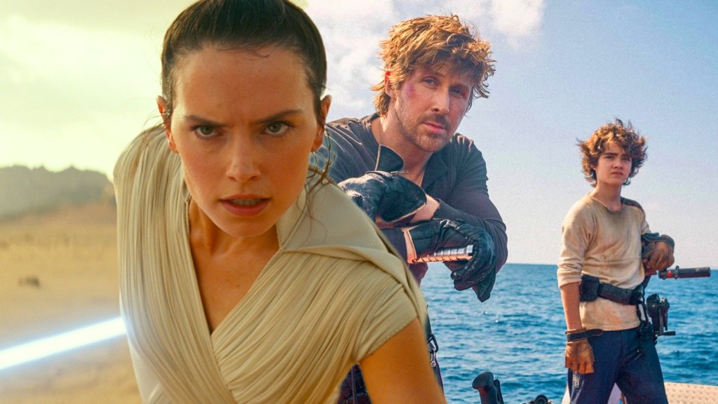Rey (Daisy Ridlry) in Star Wars The Rise of Skywalker with Ryan Gosling and Flynn Gray in Star Wars Starfighter