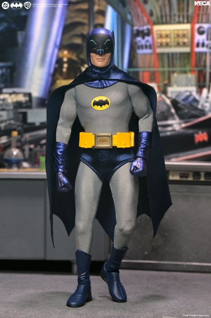NECA DC 8-inch figures 1966 TV series Adam West Batman standing in the Batcave.
