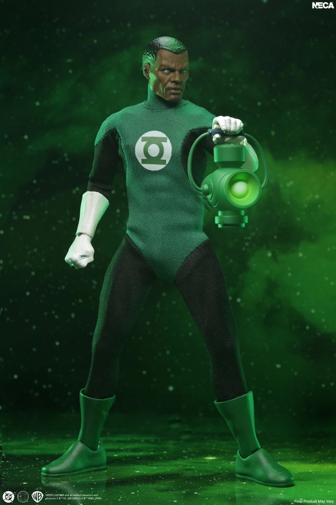 NECA DC 8-inch figures John Stewart Green Lantern holding his power battery lantern accessory.