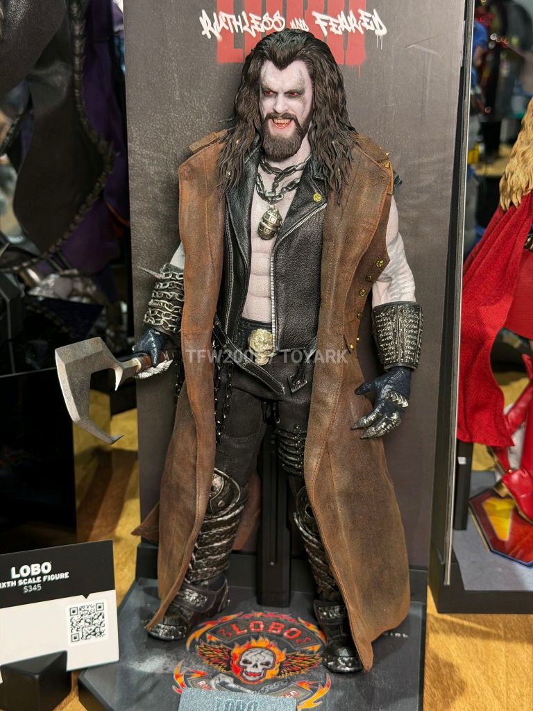 Full-length shot of the Hot Toys Lobo sixth scale figure, showing his leather vest and spiked armor.