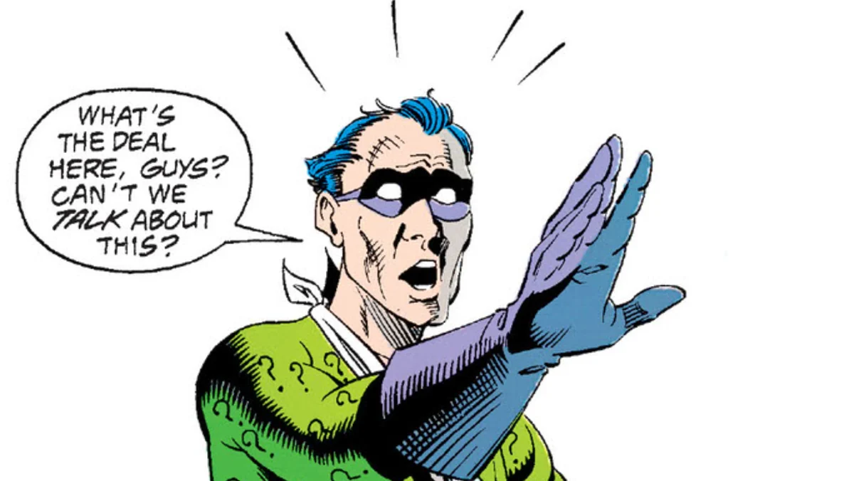 Panel of the Riddler form the 90s Batman Knightfall comic.