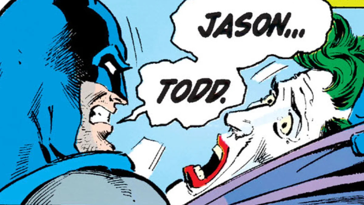 Comic panel of Batman confronting Joker for Jason Todd's death.
