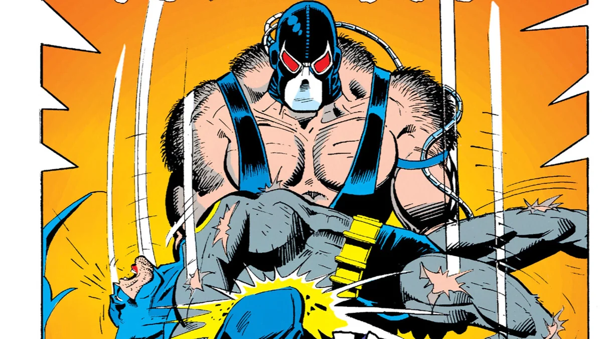 The iconic comic panel of Bane breaking the Batman's back.