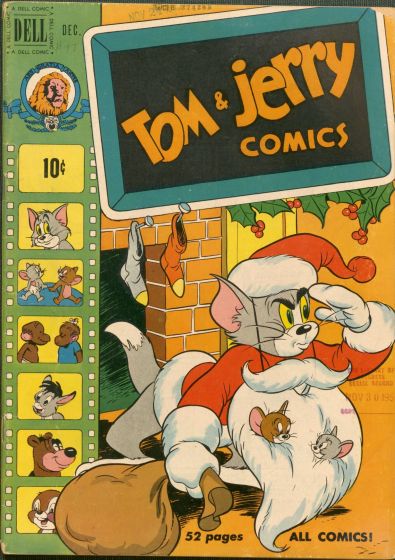 Tom the cat is dressed like Santa coming out of a chimney, while Jerry and another mouse hide in his beard.