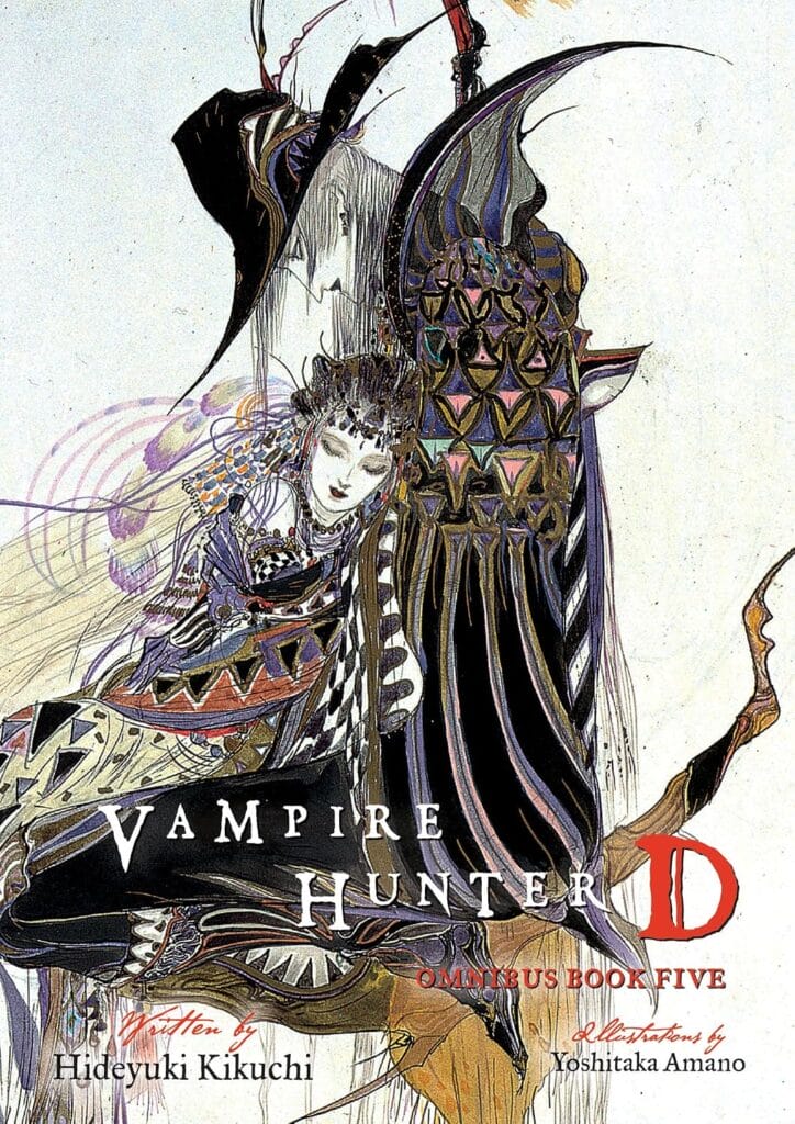 Cover art for the fifth Vampire Hunter D omnibus, which depicts D, a man clad in a colorful cloak and brimmed hat, holding a woman close