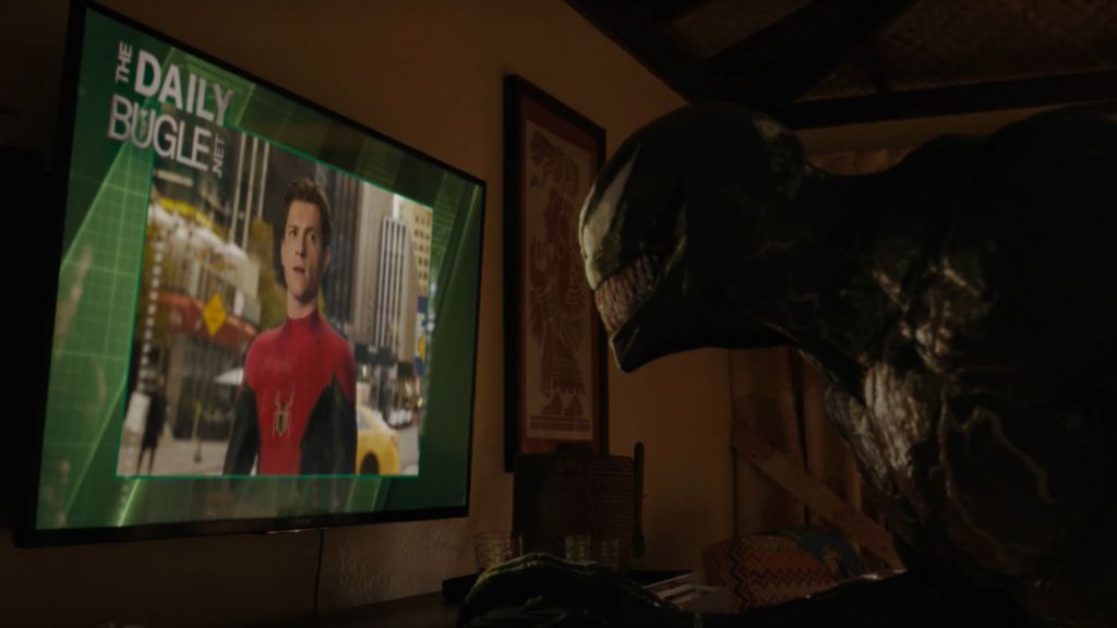 Venom looking at Tom Holland's Peter Parker in the post-credits scene of Venom Let There Be Carnage