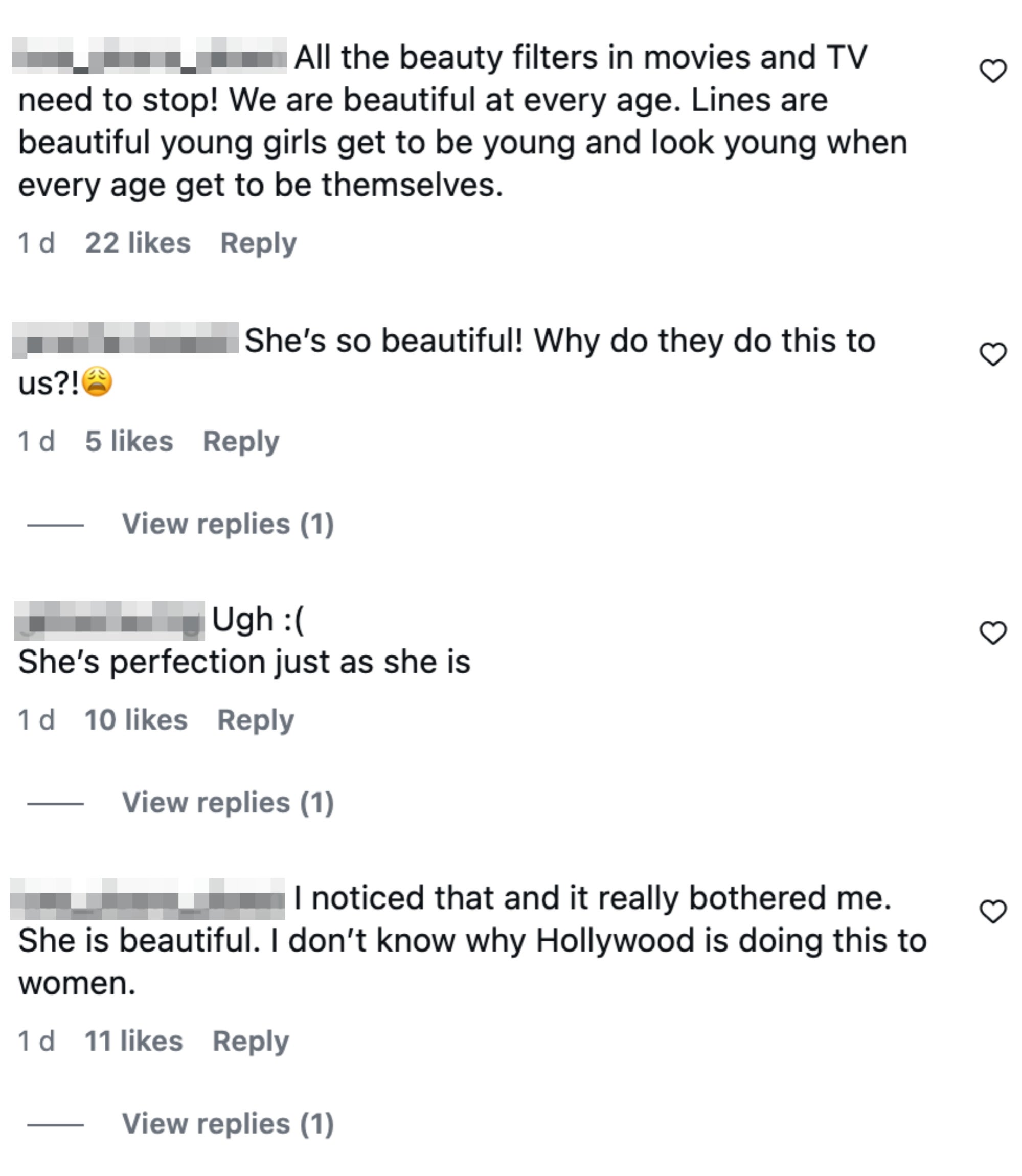 Comments on beauty standards discuss the impact of filters and media influence