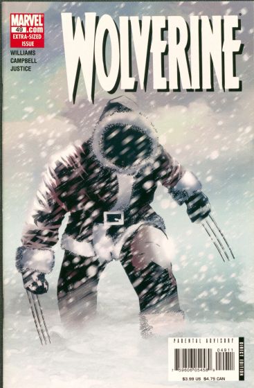 Wolverine dressed in a snowsuit walks through a snow storm.