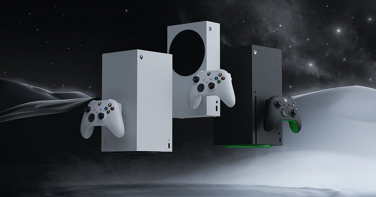 Promotional image featuring three Xbox consoles arranged against a dark, space-themed backdrop. From left to right are the white Xbox Series X Digital Edition with a matching white controller, the white Xbox Series S with its large black circular vent and white controller, and the black Xbox Series X Galaxy Black Special Edition paired with a black controller accented by green grips.