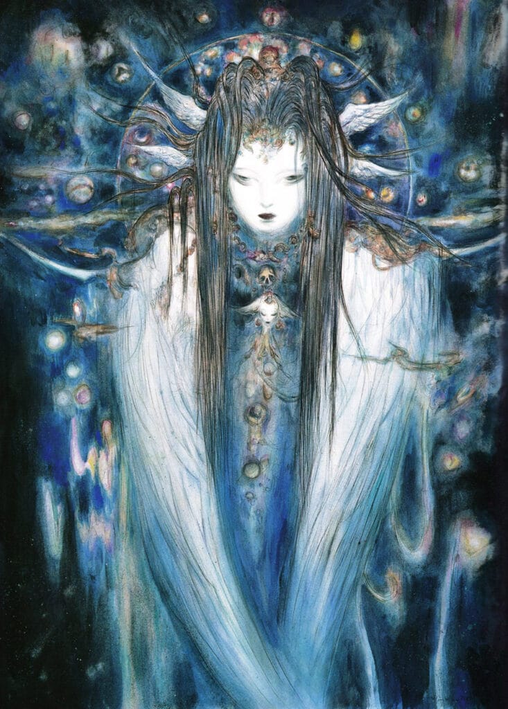 Illustration from Final Fantasy XIV: Endwalker that depicts the Endsinger, a raven-haired harpy witha  sullen expression, wearing a necklace of skulls