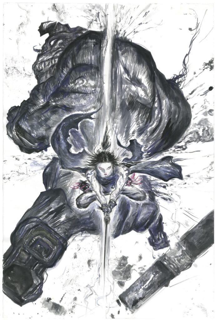 Key visual for ZAN that depicts a tattooed warrior cleaving through a monstrous beast