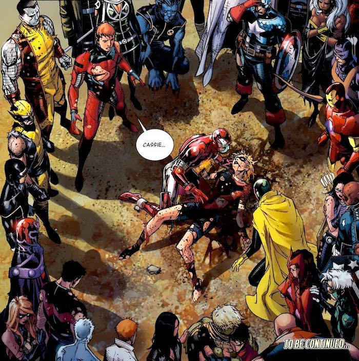 Half a page from Children's Crusade #8. A stunned Scott Lang, plus an assorted crowd of Avengers and X-Men, looks down in horror at Cassie's prone body.