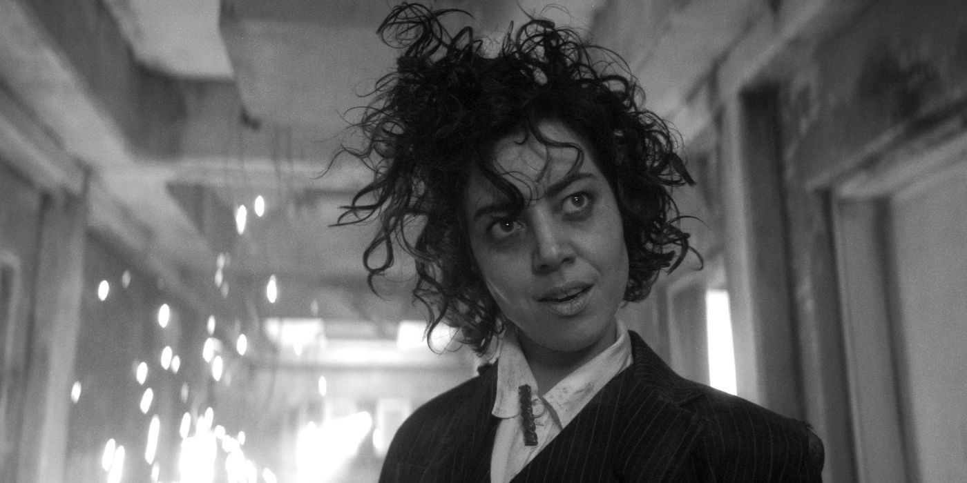 Aubrey Plaza with wild hair and a crazy look in FX's Legion.
