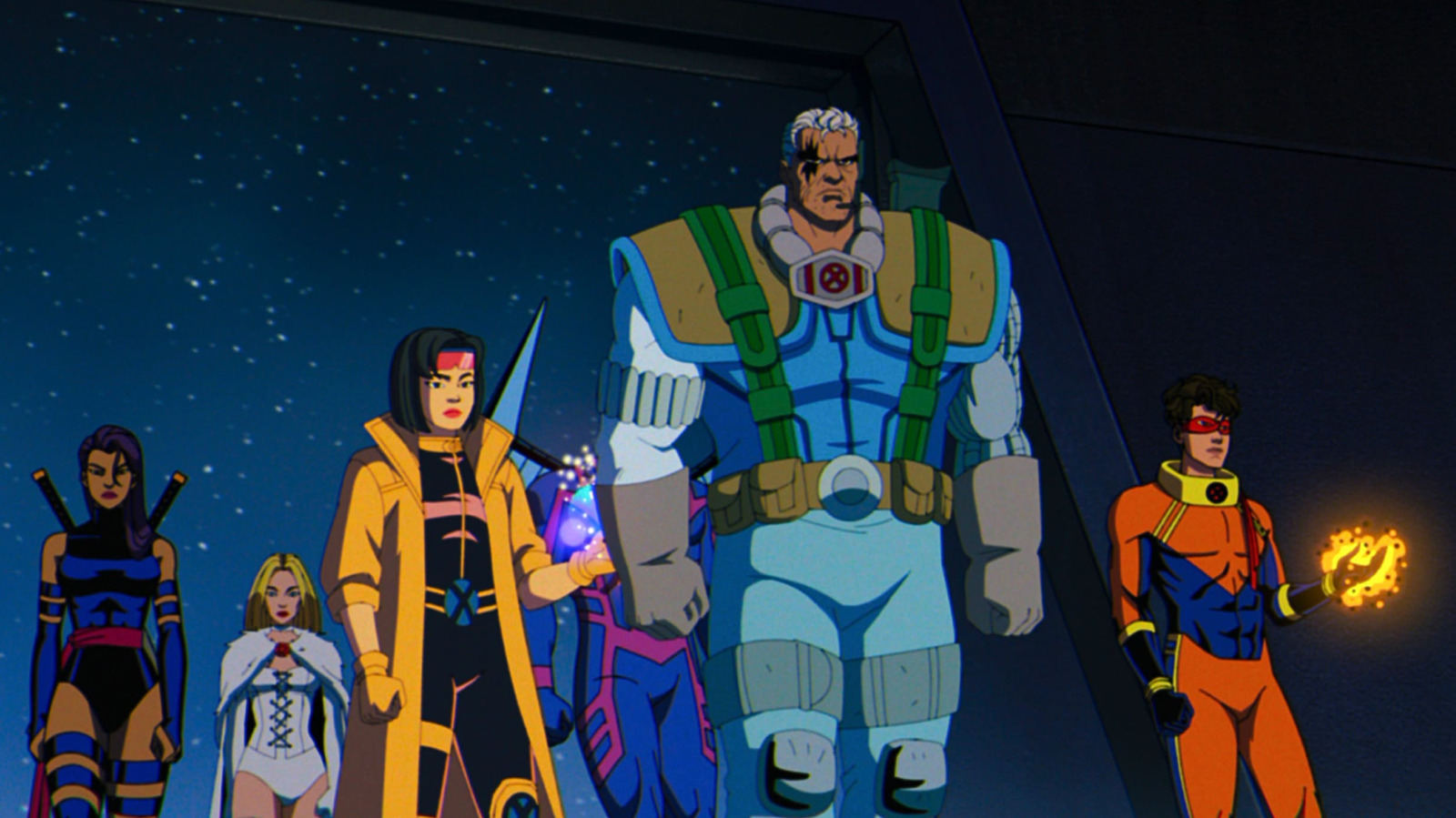 X-Force (Psylocke, Jubilee, Archangel, Cable, and Sunspot) and Emma Frost in X-Men '97