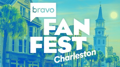 Bravo Fan Fest Charleston Logo over a blue tinted image of Charleston, South Carolina.