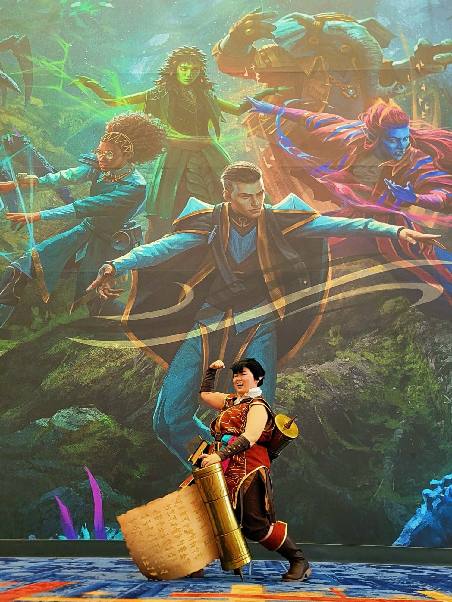 Group of characters in a lush jungle setting, with one character in front holding a basket and staff, others in dynamic poses behind.