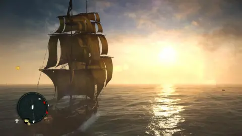 Ubisoft A screenshot of the original Black Flag game. We see a pirate ship with yellow sails sailing across an open ocean. The waves are fairly still and the horizon blends into the setting yellow sun. It looks stunning, yet dated.