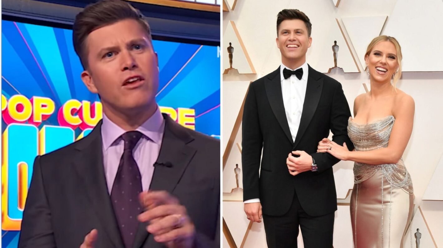 "Pop Culture Jeopardy!" host Colin Jost on set of game show (left), (right) Jost with wife Scarlett Johansson
