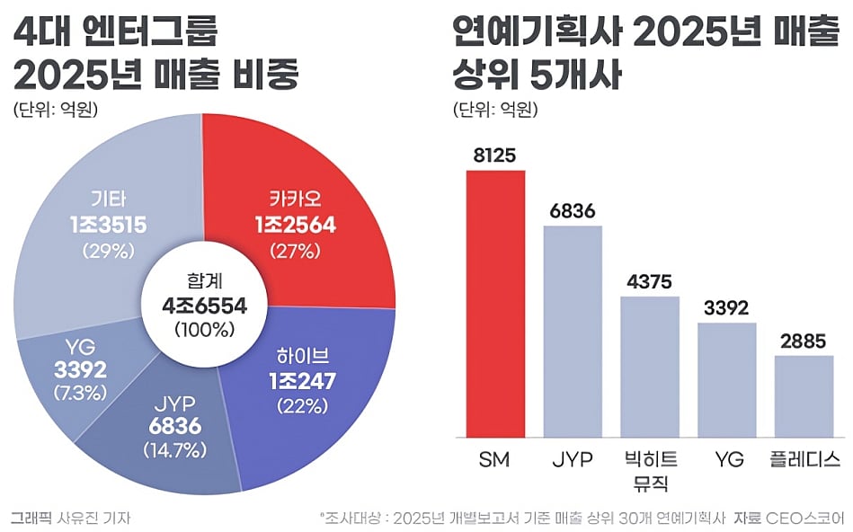 An infographic in Korean displaying 2025 Korean entertainment industry revenues in 100 million KRW. The pie chart on the left shows group revenue market share: Kakao at 27% (1.256 trillion KRW), HYBE at 22% (1.024 trillion KRW), JYP at 14.7% (683.6 billion KRW), YG at 7.3% (339.2 billion KRW), and others at 29%. The bar chart on the right lists the top five individual agencies: SM (812.5 billion KRW), JYP (683.6 billion KRW), Big Hit Music (437.5 billion KRW), YG (339.2 billion KRW), and Pledis (288.5 billion KRW).