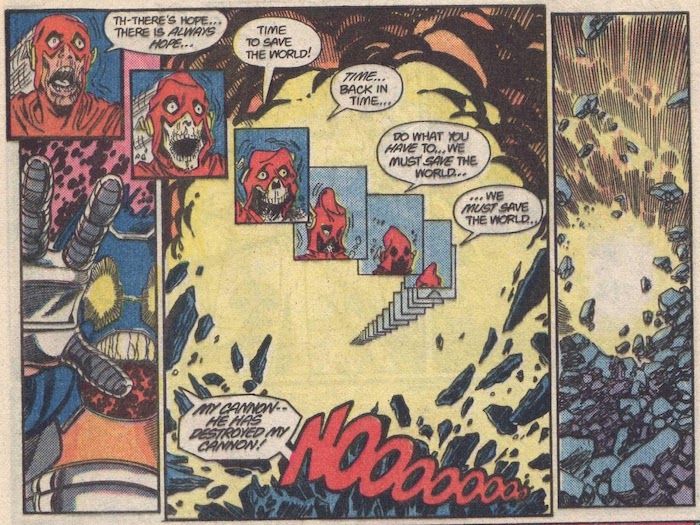 Half a page from Crisis on Infinite Earths #8 showing a series of panels of decreasing size with Barry becoming withered, then skeletal, then crumbling away entirely. Larger panels forming the background show a machine exploding while the Anti-Monitor says "My cannon--he has destroyed my cannon! Noooooo"