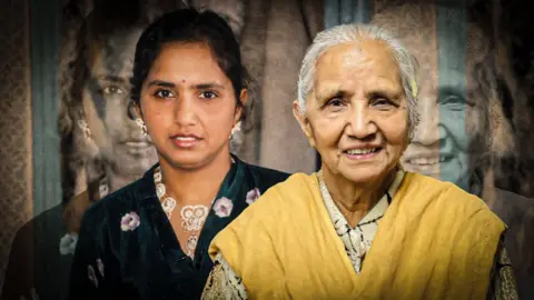 Amrik Chand / Anil Kumar Bharath A younger version of the woman stands beside an older version of herself.
The younger self wears a green patterned outfit with jewellery, while the older self wears a yellow shawl over a patterned top, with faded larger copies of both behind them.