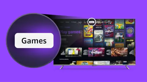 Amazon A TV against a purple background showing tv shows available on Amazon Prime and a Games tab which is made bigger to highlight.