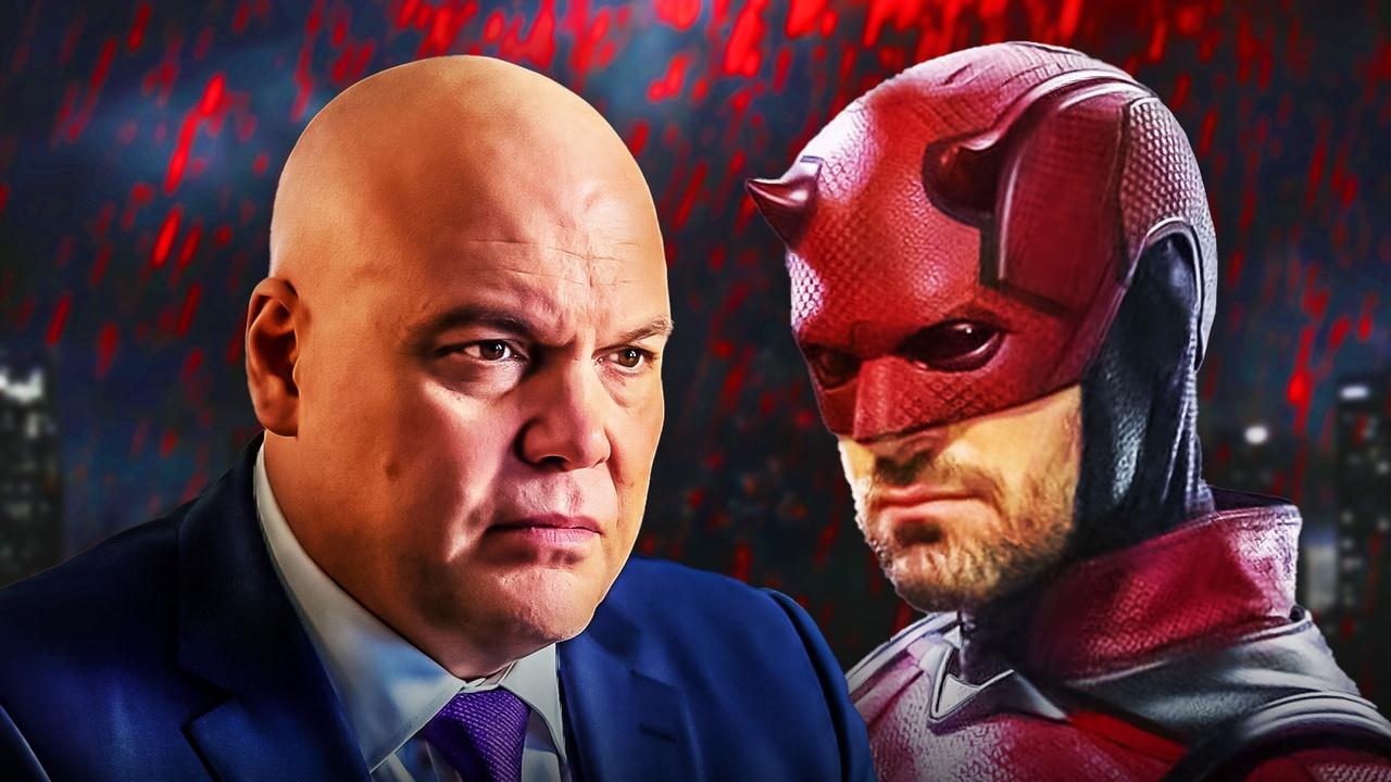 Daredevil and Kingpin in front of a bloody background.