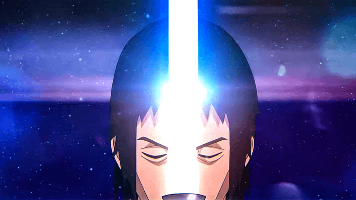 A character holding a blue lightsaber in The Ninth Jedi.
