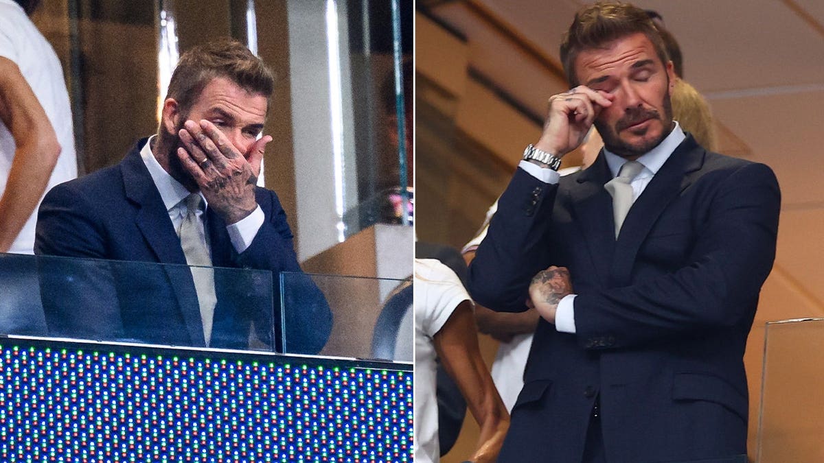 A split image of David Beckham at the England semifinal match.