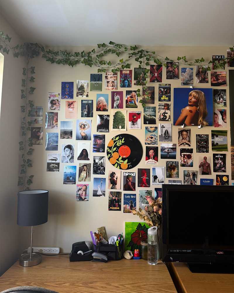 A wall covered with various posters and photos, a black lamp, and a desk with stationery and a water bottle.
