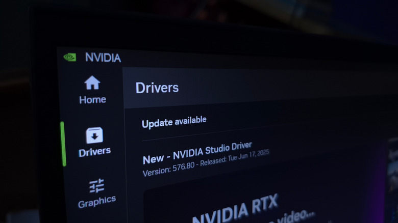 The Nvidia app on a monitor screen showing the Drivers menu