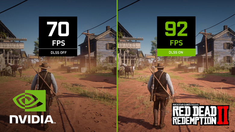 A comparison showing how DLSS improves performance on Red Dead Redemption 2