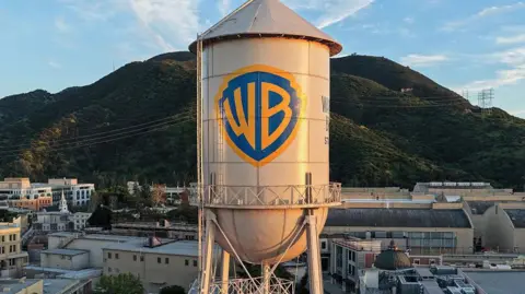 Getty Images In an aerial view, the Warner Bros. logo is displayed on the water tower at Warner Bros. Studio in Burbank, California.