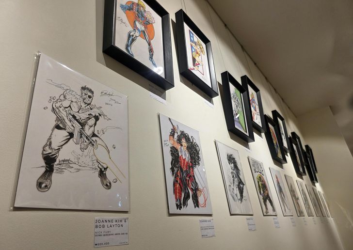 An illustration of Marvel Comics character Nick Fury drawn by Joanne Kim and Bob Layton is on sale for 500,000 won at Alpha Gallery in central Seoul's Namdaemun Market, July 20. The exhibition continues until Aug. 1. Korea Times photo by Jon Dunbar