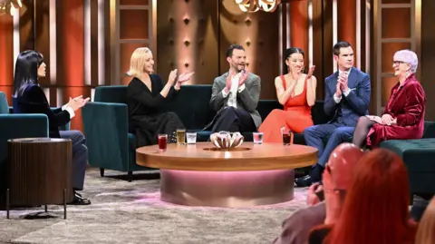 Claudia Winkleman, Lisa Kudrow, Jamie Dornan, Chase Infiniti, Jimmy Carr and Linda from The Traitors on The Claudia Winkleman Show