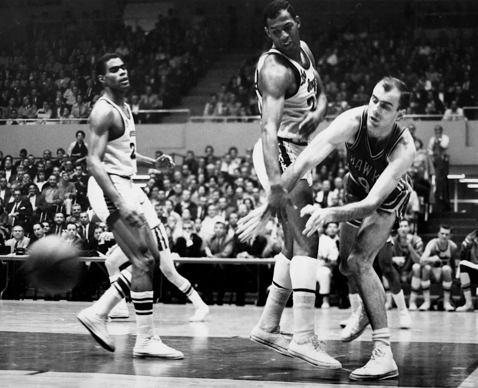 Mar 29, 1961; Los Angeles, CA, USA: FILE PHOTO; <a class="link " href="https://sports.yahoo.com/nba/teams/atlanta/" data-i13n="sec:content-canvas;subsec:anchor_text;elm:context_link" data-ylk="slk:St. Louis Hawks;sec:content-canvas;subsec:anchor_text;elm:context_link;itc:0" data-yga="{"yLinkElement":"context_link","yModuleName":"content-canvas","yLinkText":"St. Louis Hawks","ySubModuleName":"anchor_text","yHasCommerce":false}">St. Louis Hawks</a> forward Bob Pettit (9) in action against the <a class="link " href="https://sports.yahoo.com/nba/teams/la-lakers/" data-i13n="sec:content-canvas;subsec:anchor_text;elm:context_link" data-ylk="slk:Los Angeles Lakers;sec:content-canvas;subsec:anchor_text;elm:context_link;itc:0" data-yga="{"yLinkElement":"context_link","yModuleName":"content-canvas","yLinkText":"Los Angeles Lakers","ySubModuleName":"anchor_text","yHasCommerce":false}">Los Angeles Lakers</a> during the 1961 playoffs at the L.A. Sports Arena. Mandatory Credit: Darryl Norenberg-Imagn Images Network