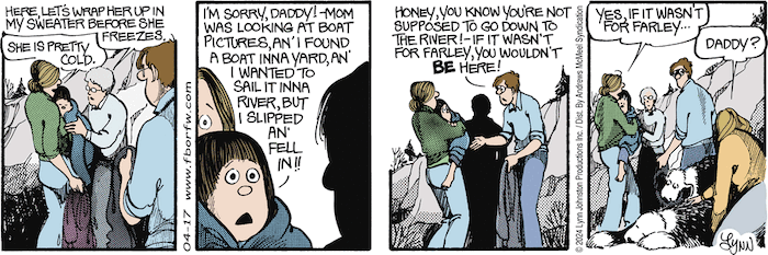 A For Better or For Worse strip. April's parents and grandmother wrap her up in a sweater while teenage Liz kneels by Farley's collapsed body, concerned.