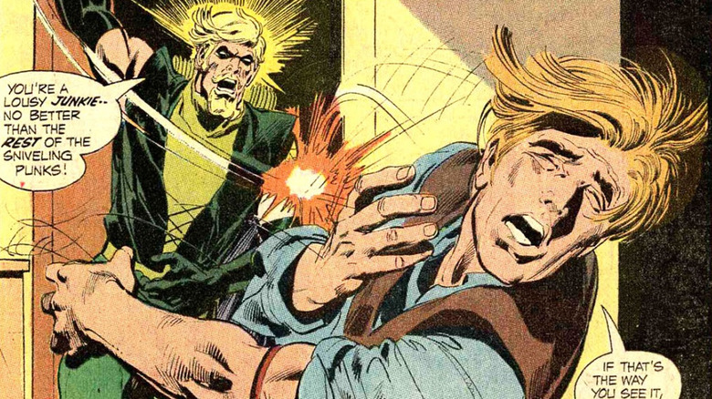 Oliver Queen smacking Roy Harper and tossing him out of the house due to his drug use