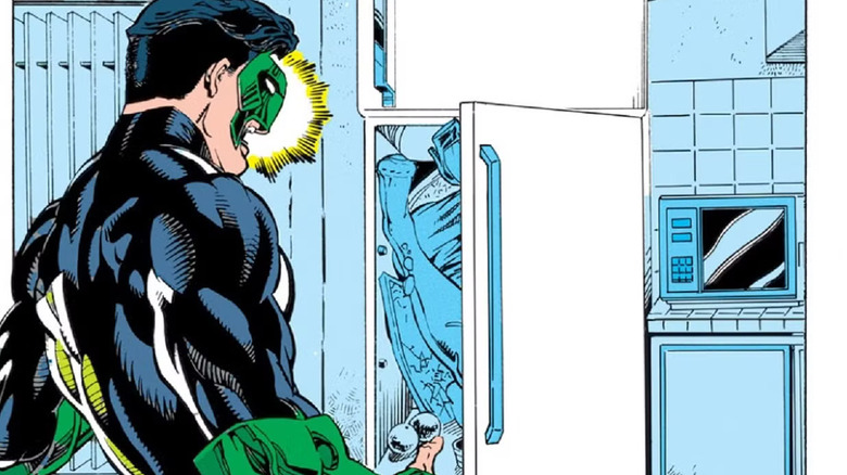 Green Lantern/Kyle Rayner opening his refrigerator to find Alex DeWitt's body