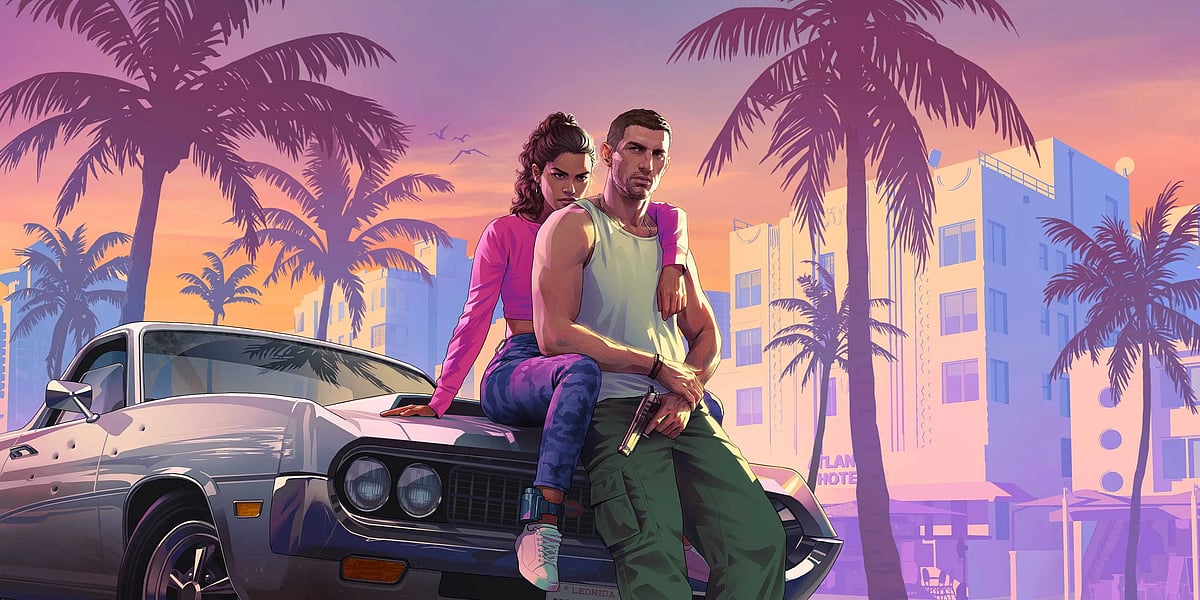 Official promotional artwork for Grand Theft Auto VI (GTA VI) featuring the dual protagonists, Lucia and Jason, leaning against a bullet-riddled muscle car. The scene is set against a vibrant, neon-tinted Vice City sunset with palm trees and Art Deco buildings in the background. Lucia is seen wearing an ankle monitor while Jason holds a handgun, capturing the game's high-stakes criminal theme.