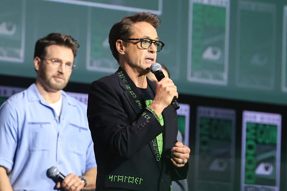 Chris Evans and Robert Downey Jr. onstage during the Marvel Studios Panel at 2026 San Diego Comic-Con.