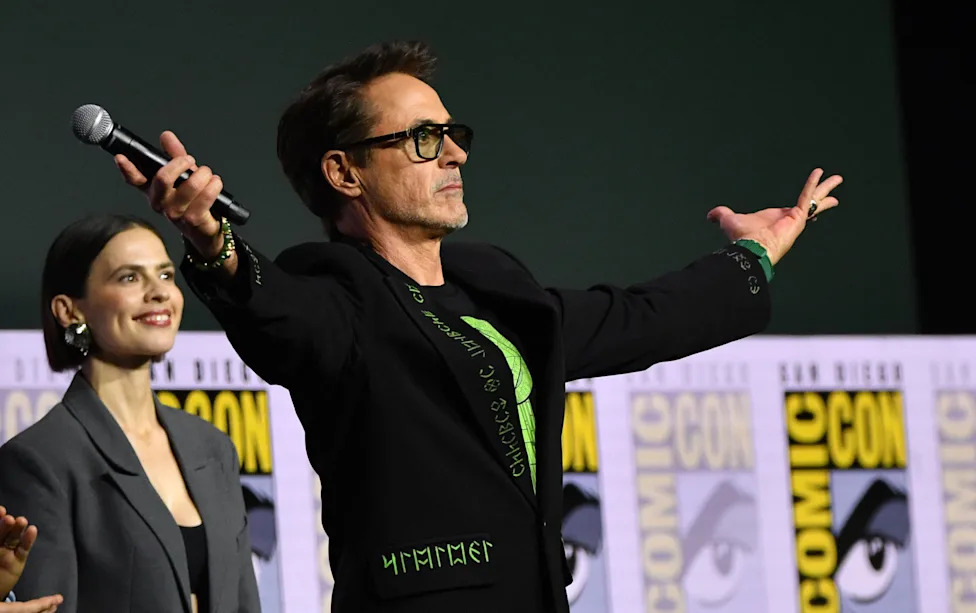 Hayley Atwell and Robert Downey Jr. onstage during the Marvel Studios Panel at 2026 San Diego Comic-Con.
