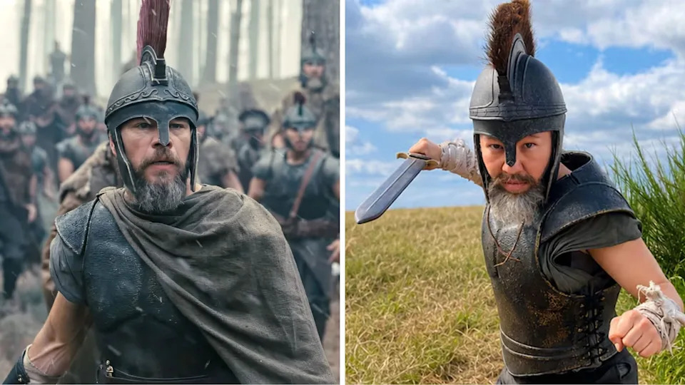 Matt Damon and stuntwoman Deyvn Dalton in costume in "The Odyssey." Side-by-side images comparing a bearded warrior in a crested helmet from a historical epic film with the stunt performer in matching armor and helmet holding a short sword in a grassy field.